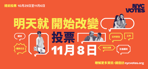 NYC Votes subway advertisement in Chinese from 2022 promoting voter information and civic engagement.​​ 