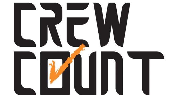 A logo with the words Crew Count written in black with a white background, and an orange checkmark in the O. 