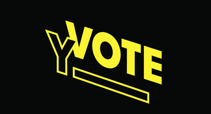 A logo with the word YVote written in yellow over a black background