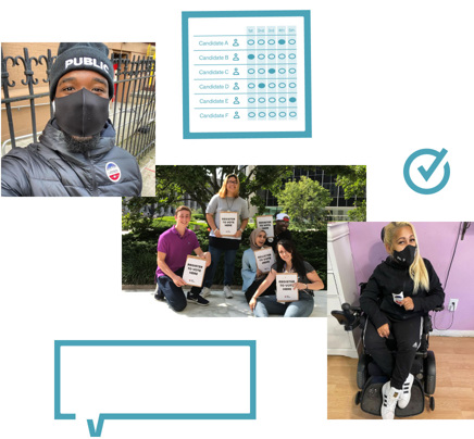 Collage de deux photos d'électeurs new-yorkais portant leurs autocollants « I Voted » (A voté) et de bulles et icônes de NYC Votes