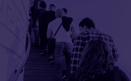 People queued in line along a staircase at a poling site with purple overlay