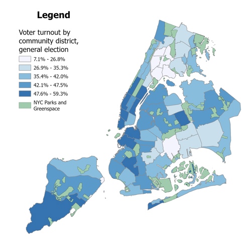 A map of voter turnout by community district in the general election