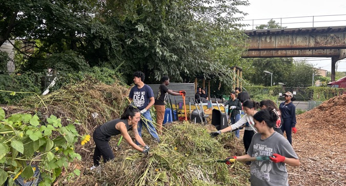 María bends over to clear a pile of plants and garden debris with youth at East New York Farm. Other youth work nearby with wheelbarrows and garden tools in the community garden.
