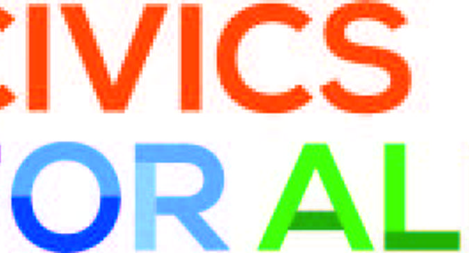 A logo with the words Civics for All in multiple colors 