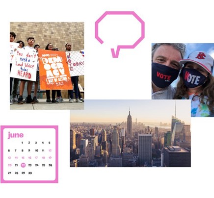 image collage of two photos of NYC voters wearing their I Voted stickers, an aerial photo of Manhattan showing the Empire State Building, and NYC Votes speech bubbles and icons