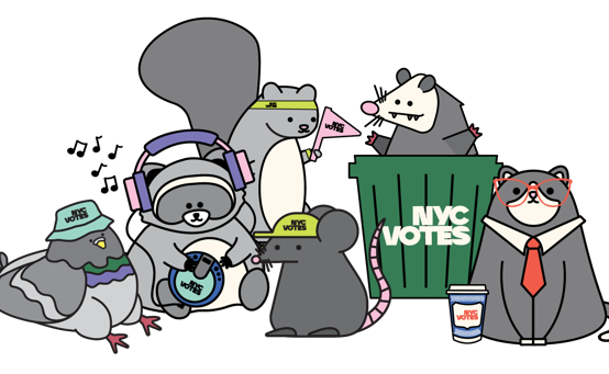 a group of cartoon animals with 'nycvotes' branded gear​​ 