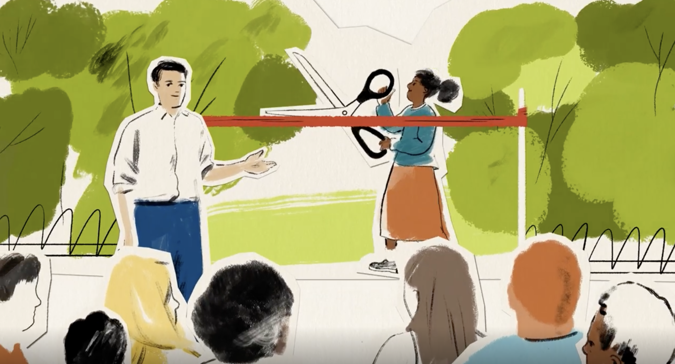 Illustration of a community ribbon-cutting ceremony, with a woman cutting a red ribbon using oversized scissors while another person gestures beside her, and a small crowd watches.​​ 