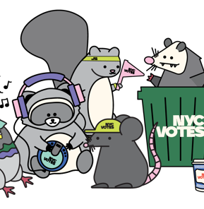  The NYC animals (a pigeon, squirrel, rat, cat, raccoon and possum) lined up.
