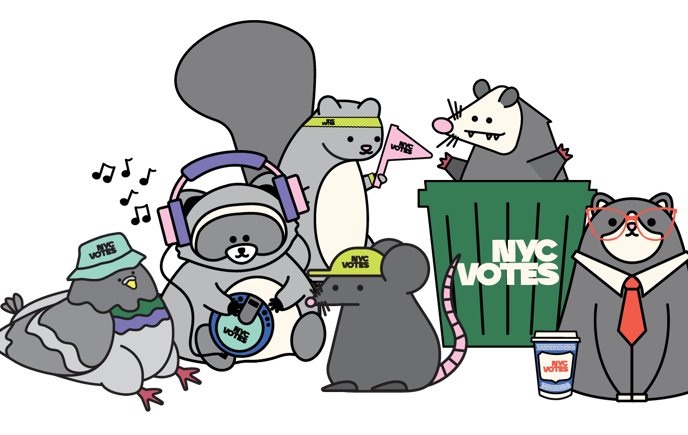  The NYC animals (a pigeon, squirrel, rat, cat, raccoon and possum) lined up.
