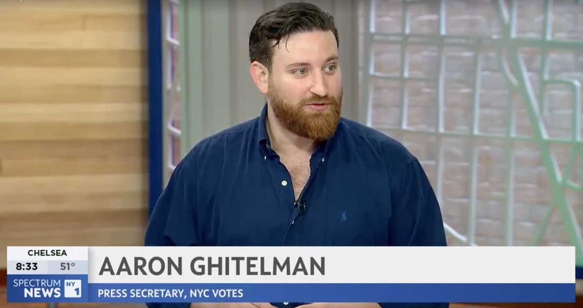 Aaron Ghitelman, NYC Votes Press Secretary, speaks during an interview on Spectrum News NY1.