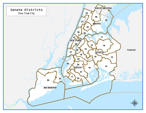 Mapa okręgów w wyborach do Senatu Stanowego w NYC