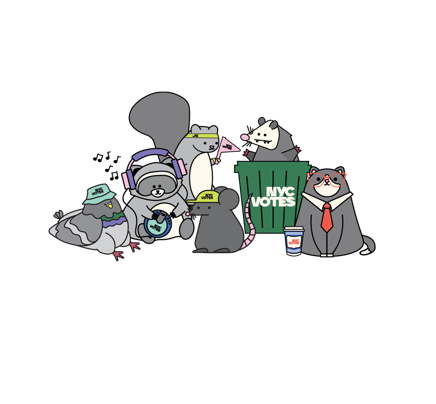 a group of human-like animal characters: cat, rat, squirrel, raccoon, possum, and pigeon