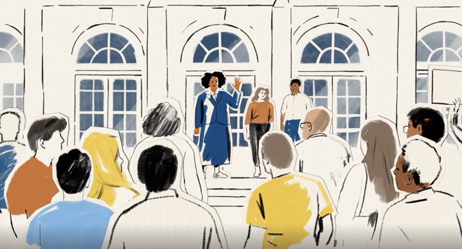 Illustration of a female candidate smiling and waving to a group of spectators outdoors.​​ 